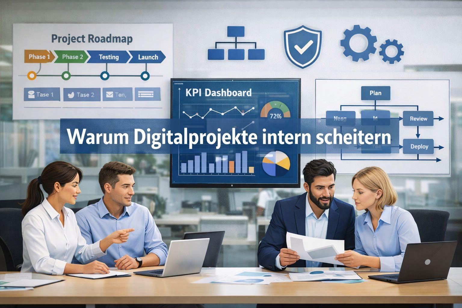 Menschen sitzen an einem Tisch und Beratschlagen, während im Hintergrund Diagramm-Symbole zu sehen sind.